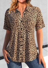 Dark Camel Button Leopard Short Sleeve Shirt Collar Blouse