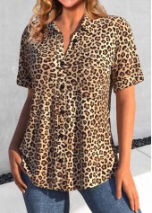 Dark Camel Button Leopard Short Sleeve Shirt Collar Blouse | thumb picture 