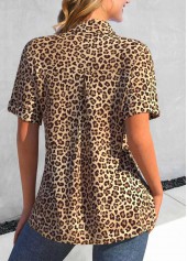 Dark Camel Button Leopard Short Sleeve Shirt Collar Blouse | thumb picture 