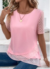 Pink Cross Hem Short Sleeve Round Neck Blouse | thumb picture 