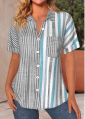 Light Grey Button Striped Short Sleeve Blouse