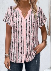 Light Pink Button Geometric Print Short Sleeve Blouse