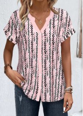 Light Pink Button Geometric Print Short Sleeve Blouse