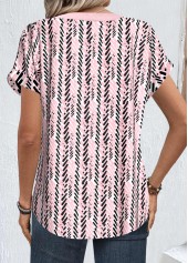 Light Pink Button Geometric Print Short Sleeve Blouse