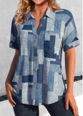 Denim Blue Button Geometric Print Short Sleeve Blouse | thumb picture 