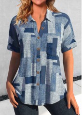 Denim Blue Button Geometric Print Short Sleeve Blouse