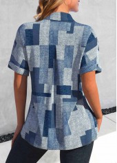 Denim Blue Button Geometric Print Short Sleeve Blouse | thumb picture 