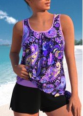 Bowknot Mid Waisted Paisley Print Purple Tankini Set