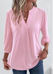 Pink Ruched Three Quarter Length Sleeve T Shirt | modlily.com - USD 27.98