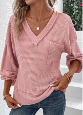 Pink Patchwork Long Sleeve V Neck T Shirt