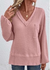 Pink Patchwork Long Sleeve V Neck T Shirt | thumb picture 