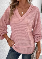 Pink Patchwork Long Sleeve V Neck T Shirt | thumb picture 