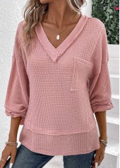 Pink Patchwork Long Sleeve V Neck T Shirt | thumb picture 
