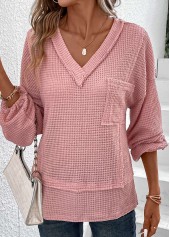 Pink Patchwork Long Sleeve V Neck T Shirt | thumb picture 