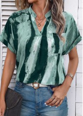 Turquoise Lightweight Ink Painting Print Short Sleeve Blouse | thumb picture 
