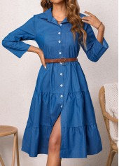 Shirt Collar Denim Blue Button Belted Dress | thumb picture 