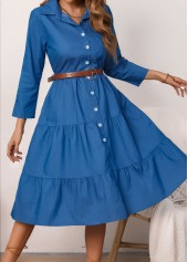 Shirt Collar Denim Blue Button Belted Dress