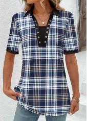 Blue Eyelet Plaid Short Sleeve T Shirt | thumb picture 