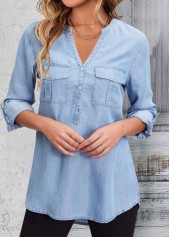 Denim Blue Pocket Long Sleeve Split Neck Blouse