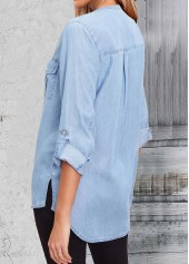Denim Blue Pocket Long Sleeve Split Neck Blouse | thumb picture 