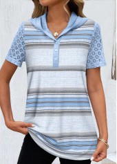 Light Blue Lace Striped Short Sleeve T Shirt