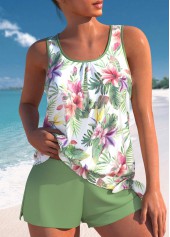 Bowknot Mid Waisted Tropical Plants Print Tankini Set