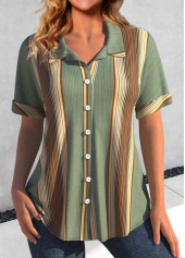 Green Button Striped Short Sleeve Shirt Collar Blouse
