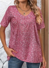 Pink Ruched Ditsy Floral Print Short Sleeve Blouse
