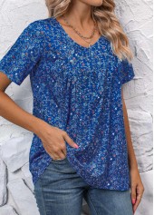 Sky Blue Ruched Ditsy Floral Print Short Sleeve Blouse | thumb picture 