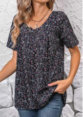 Black Ruched Ditsy Floral Print Short Sleeve Blouse | thumb picture 