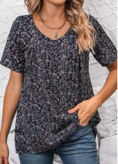 Black Ruched Ditsy Floral Print Short Sleeve Blouse