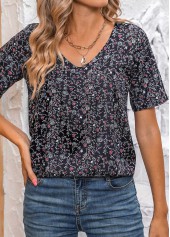 Black Ruched Ditsy Floral Print Short Sleeve Blouse | thumb picture 