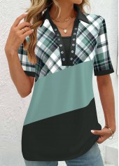 Sage Green Eyelet Plaid Short Sleeve Stand Collar Blouse