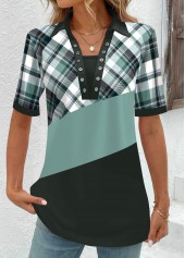 Sage Green Eyelet Plaid Short Sleeve Stand Collar Blouse | thumb picture 