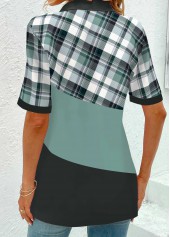 Sage Green Eyelet Plaid Short Sleeve Stand Collar Blouse | thumb picture 