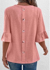 Pink Button Three Quarter Length Sleeve T Shirt