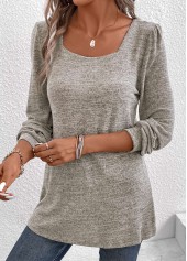 Light Camel Ruched Long Sleeve Square Neck T Shirt | thumb picture 