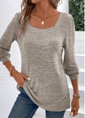 Light Camel Ruched Long Sleeve Square Neck T Shirt