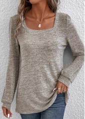 Light Camel Ruched Long Sleeve Square Neck T Shirt | thumb picture 