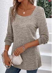 Light Camel Ruched Long Sleeve Square Neck T Shirt | thumb picture 