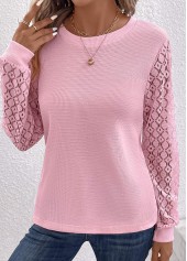 Pink Lace Long Sleeve Round Neck T Shirt | thumb picture 