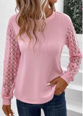 Pink Lace Long Sleeve Round Neck T Shirt
