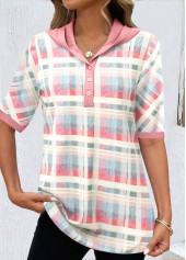 Light Pink Button Plaid Half Sleeve T Shirt
