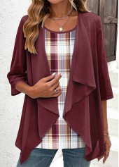 Deep Red Fake 2in1 Plaid Blouse