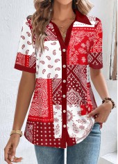 Red Patchwork Short Sleeve Shirt Collar Blouse