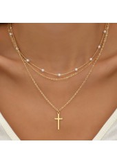 Gold Cross Pearl Detail Alloy Necklace Set