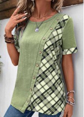 Sage Green Asymmetry Plaid Short Sleeve Blouse | thumb picture 