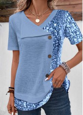 Dusty Blue Sequin Asymmetrical Neck Blouse