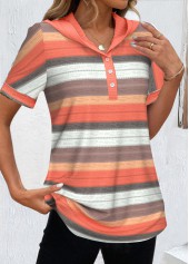 Orange Button Striped Short Sleeve Hooded T Shirt | thumb picture 