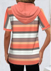 Orange Button Striped Short Sleeve Hooded T Shirt | thumb picture 
